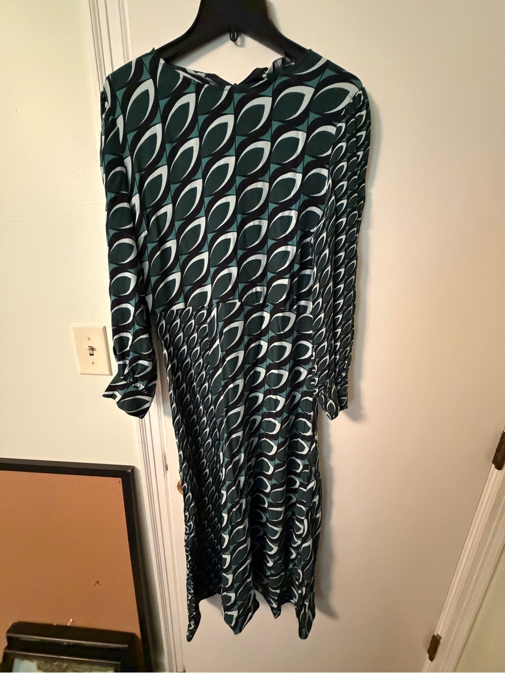Zara Green and White Geometric Maxi Dress with tie belt M